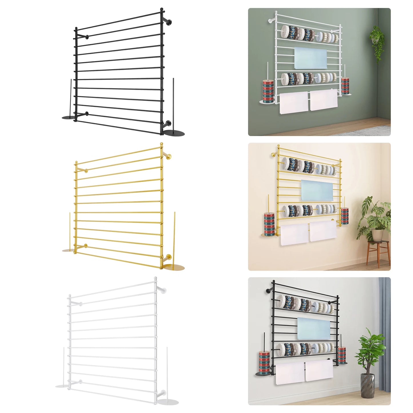 120cm Wrapping Paper Ribbon Iron Holder,Gold/Black/White Wall-Mounted Display Rack 12 Rods for Gift Shops,Florists