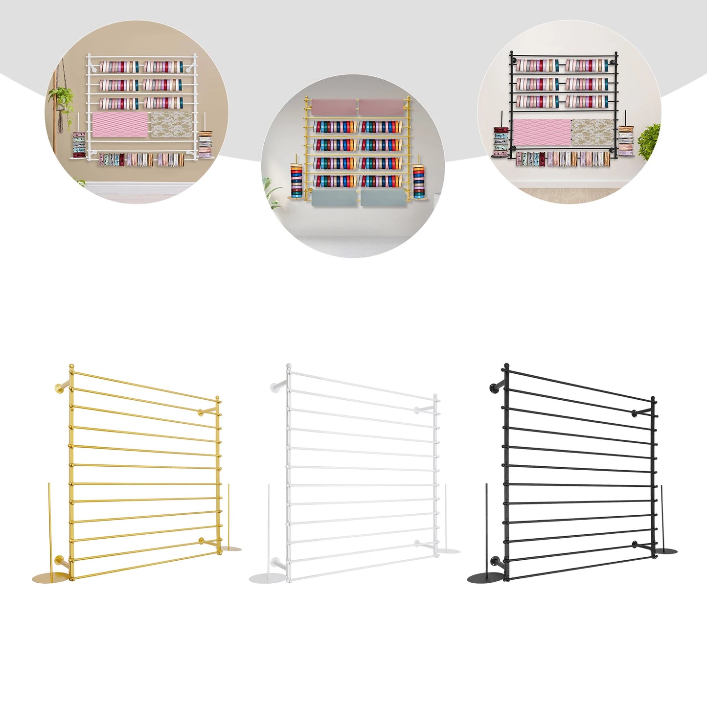 120cm Wrapping Paper Ribbon Iron Holder,Gold/Black/White Wall-Mounted Display Rack 12 Rods for Gift Shops,Florists