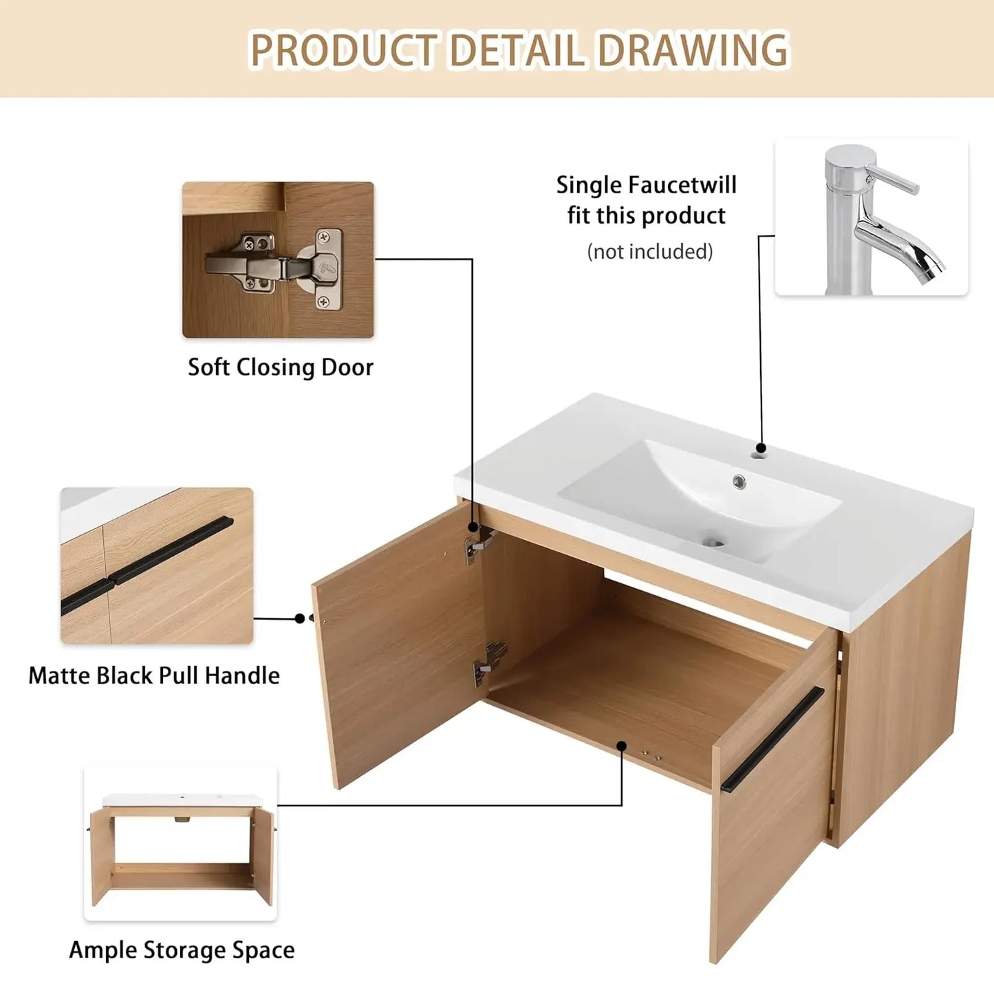 36" Floating Bathroom Vanity,36 Inch Bathroom Vanity with Sink,Single Sink Wall Mounted Vanity Combo,Brown Wall, Customized