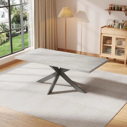 Exble Dining Table Set or 6-8 People, 51"-67" ern Recular Dining Table with 6 Chairs, Grey Tabletop with Sturdy Metal e, Space-S
