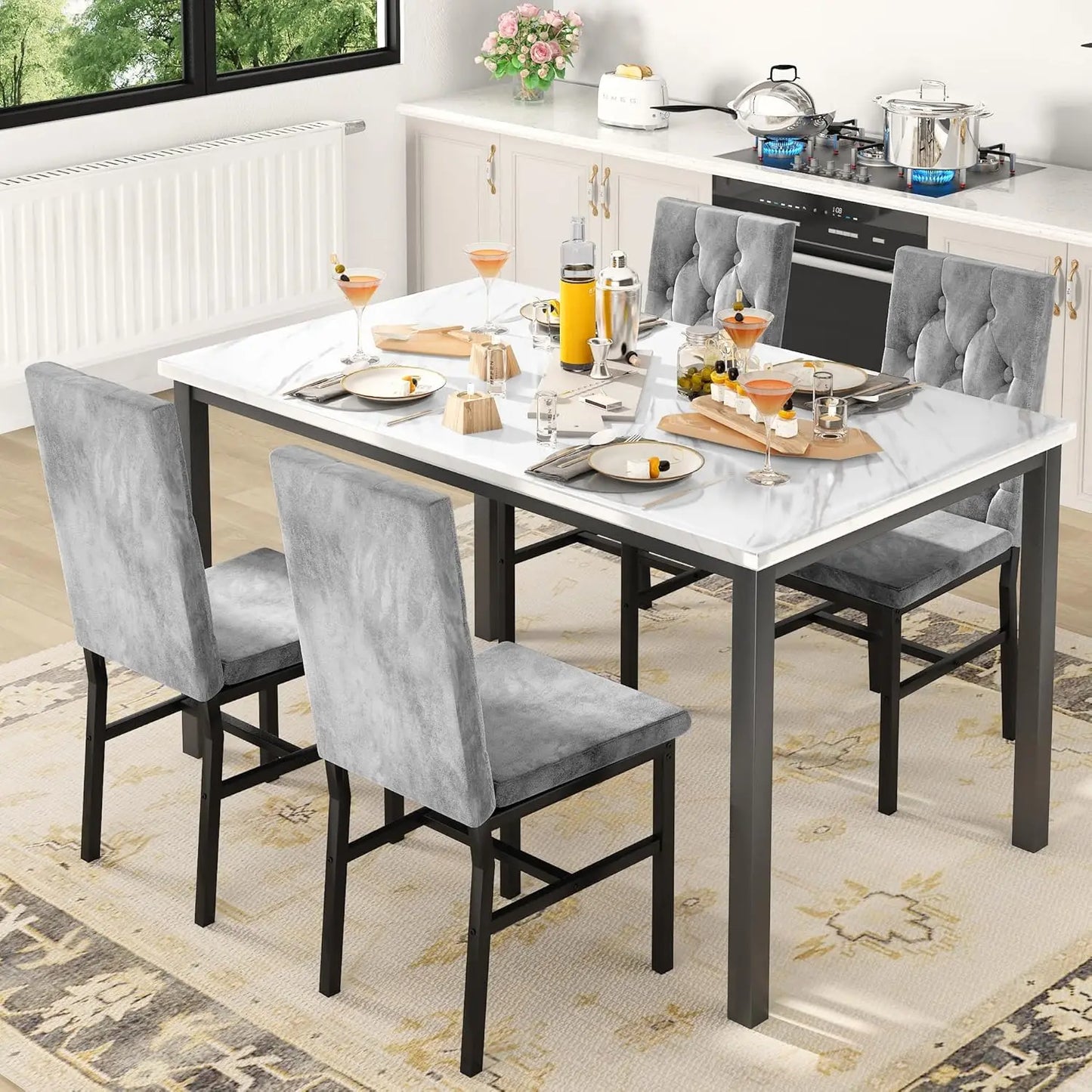 Dining Table Set for 4, Faux Marble Small Kitchen Table Chairs Set of 4 with Luxurious Button Tufted Dinner Chairs, Customized