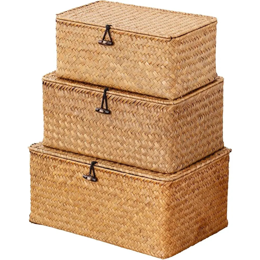 Storage Basket with Lid, Natural Seagrass Bin with Lid Set of 3, Shelf Baskets Multipurpose Container for Boho Decoration, Recta