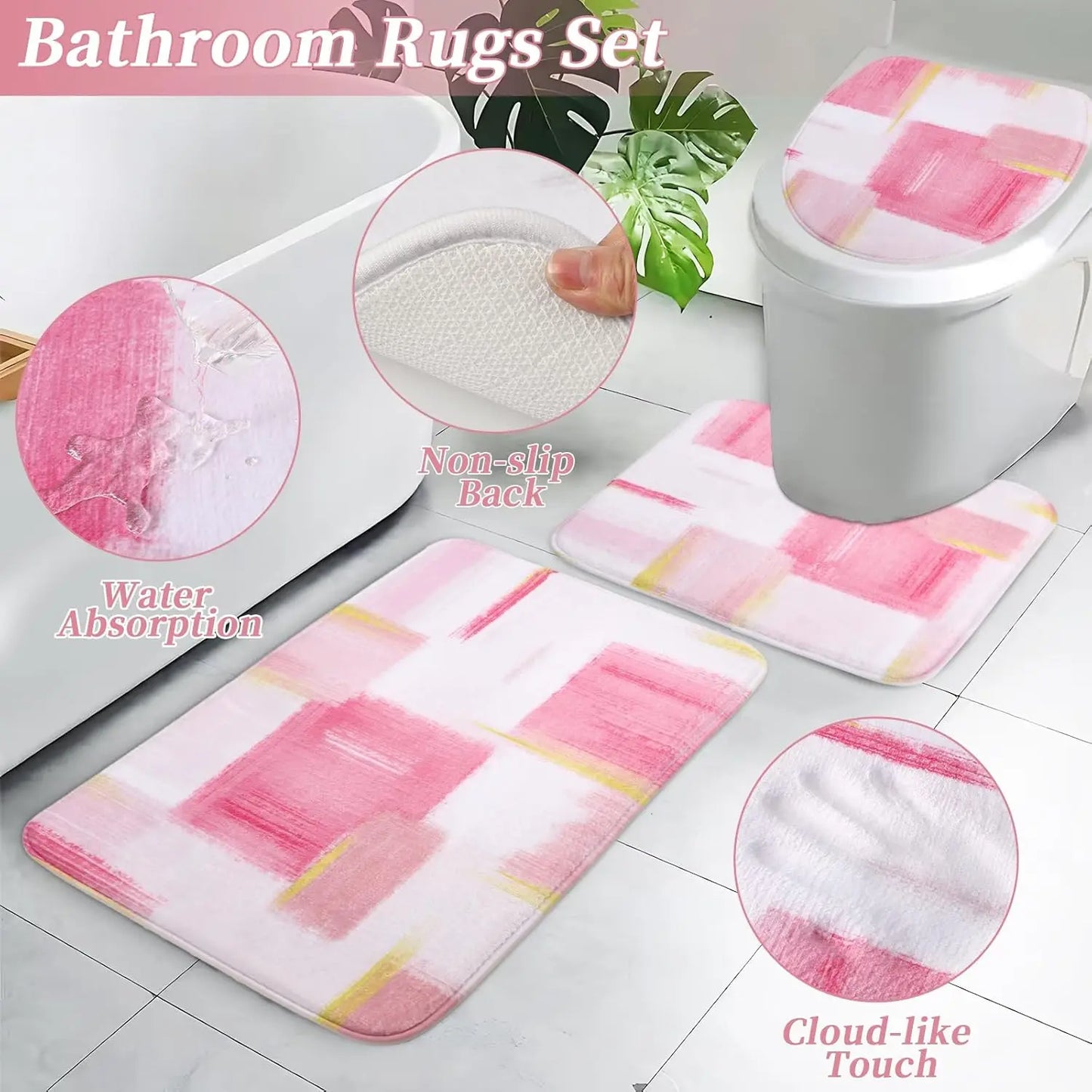 Pink and Gold Bathroom Accessories Set with Shower Curtain, Rugs, Trash Can, Soap Dispenser for Home Decor