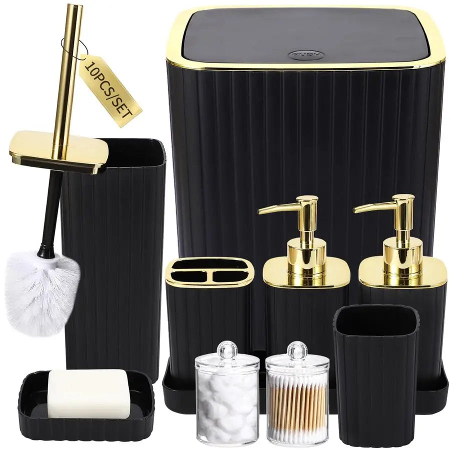 Accessories Set Gorgeous Black Bathroom Set, 10PC Bathroom Accessory Set, Toilet Brush, Trash Can, Qtip Holder amp Soap Dispense