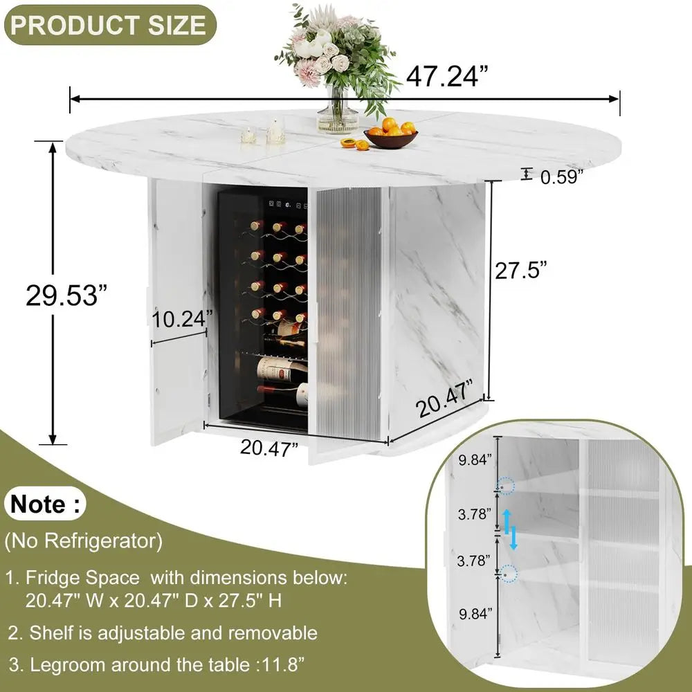 47 Round Dining Table with Storage, White Faux Marble Kitchen Tables for 46 People, Modern Dining Room Table with Fridge Space,
