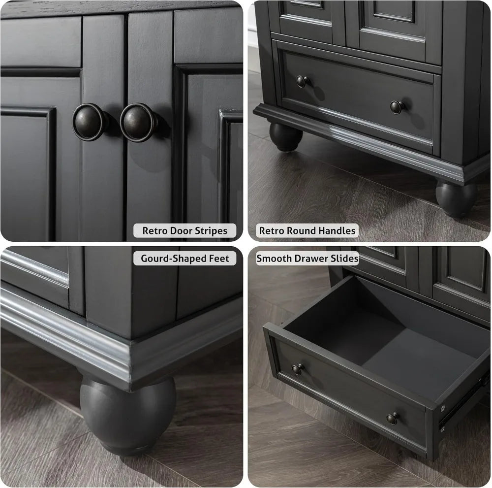 24" Bathroom Vanity Sink Combo Vintage Style with Painted Solid Wood Construction, Retro Vanities Storage Cabinet w/Gourd Leg