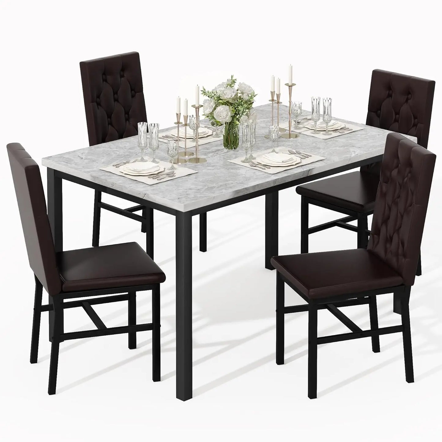 Dining Table Set for 4, Faux Marble Small Kitchen Table Chairs Set of 4 with Luxurious Button Tufted Dinner Chairs, Customized