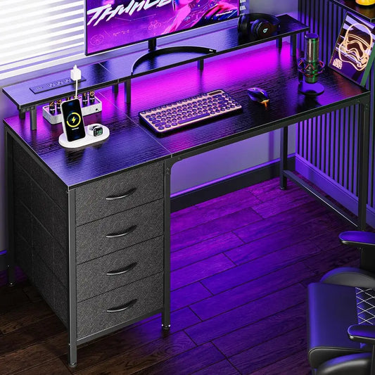 47 Inch Computer Desk with Power Outlets and LED Lights, Gaming Desk with 4 Ders, Oice Desk with Monitor Stand, Study Work Home