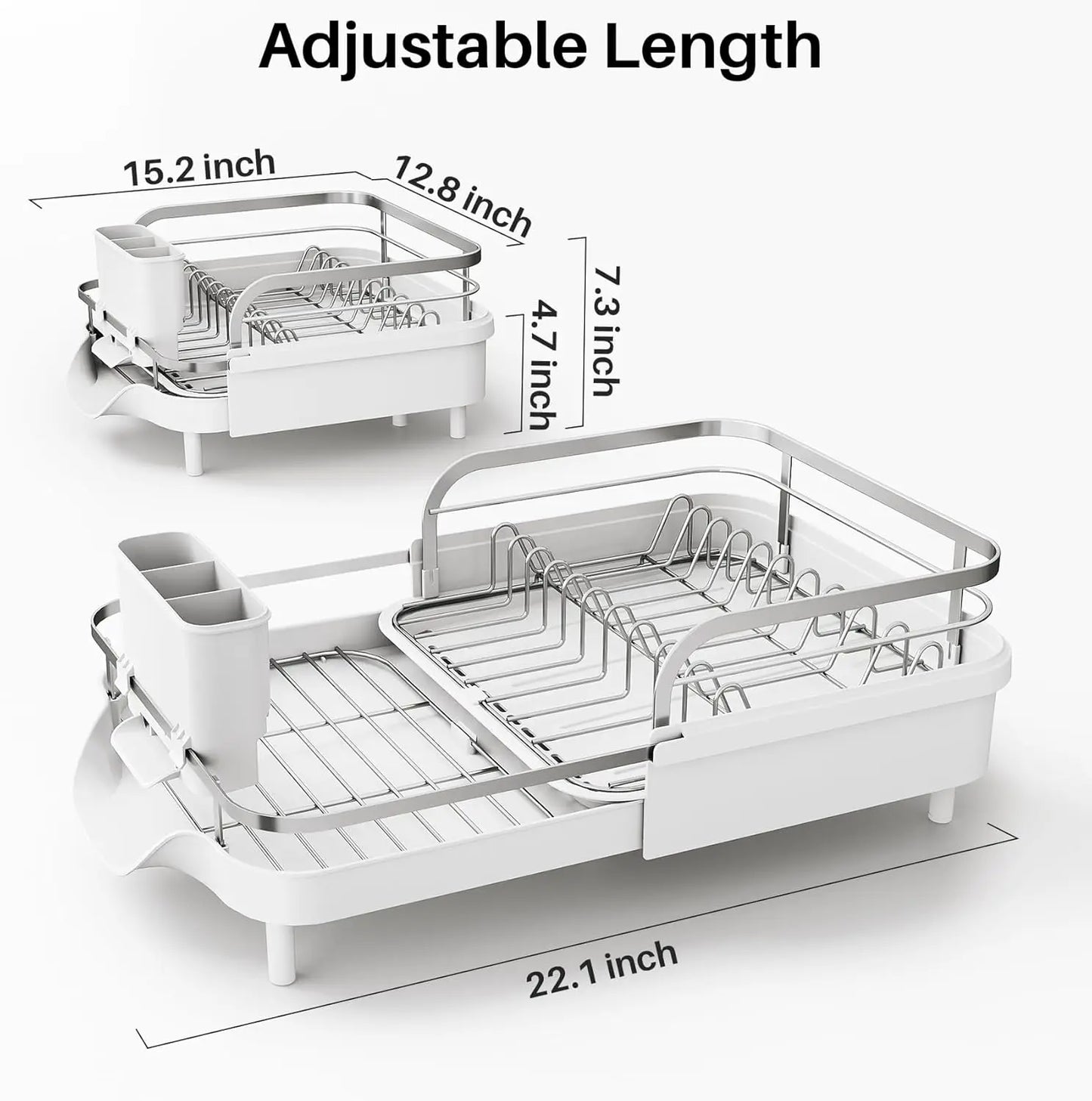 Expandable Stainless Steel Dish Drying Rack with Drainboard and Utensil Holder for Kitchen Counter, White