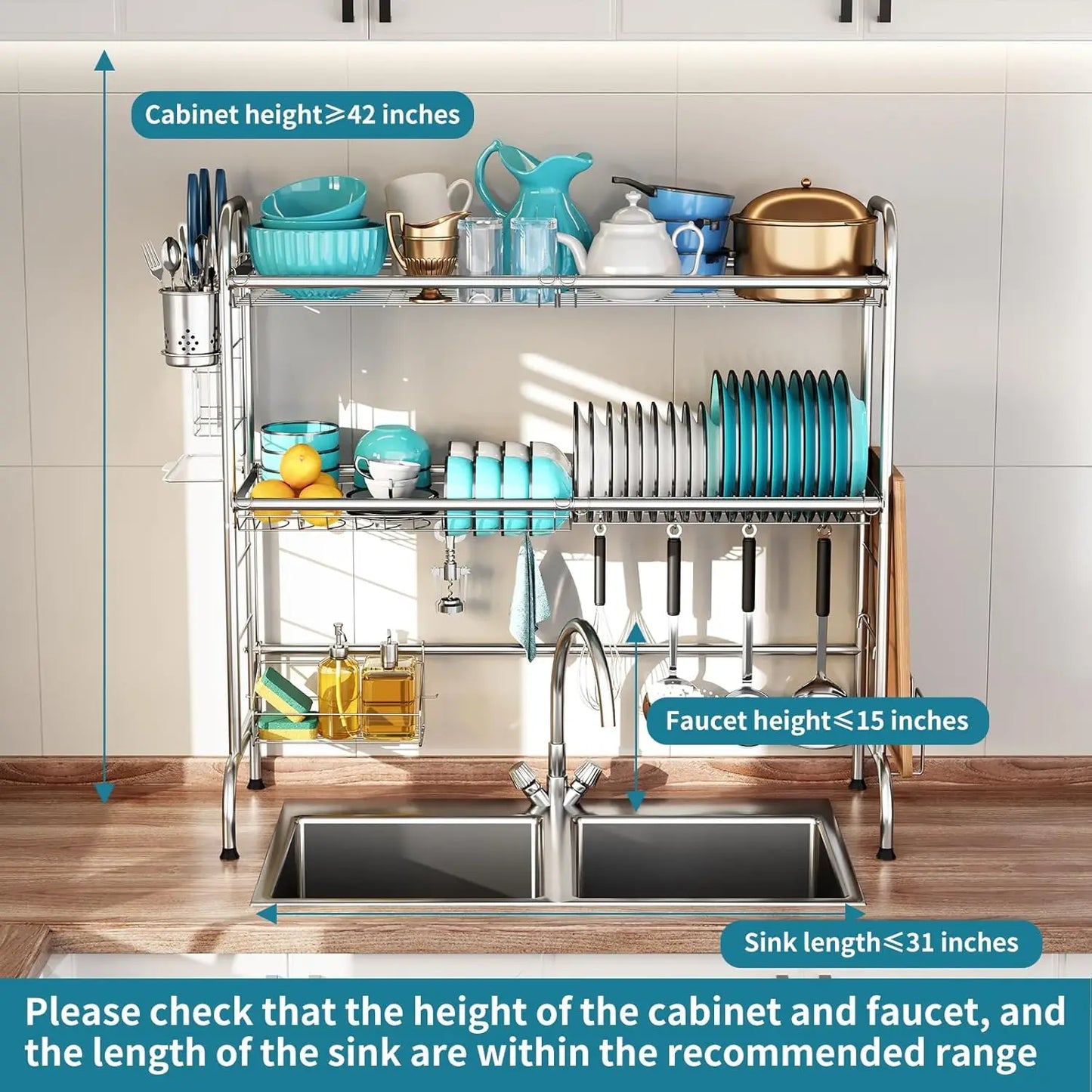 Stainless Steel 2-Tier Over Sink Dish Drying Rack with Utensil Holder, Large Kitchen Counter Space Saver