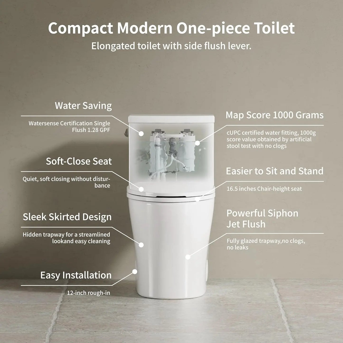 KE KING One Piece Toilet with Powerful Flush, Compact Toilet Elongated Side Lever Flush 1.28 GPF, Sleek Design, Customized