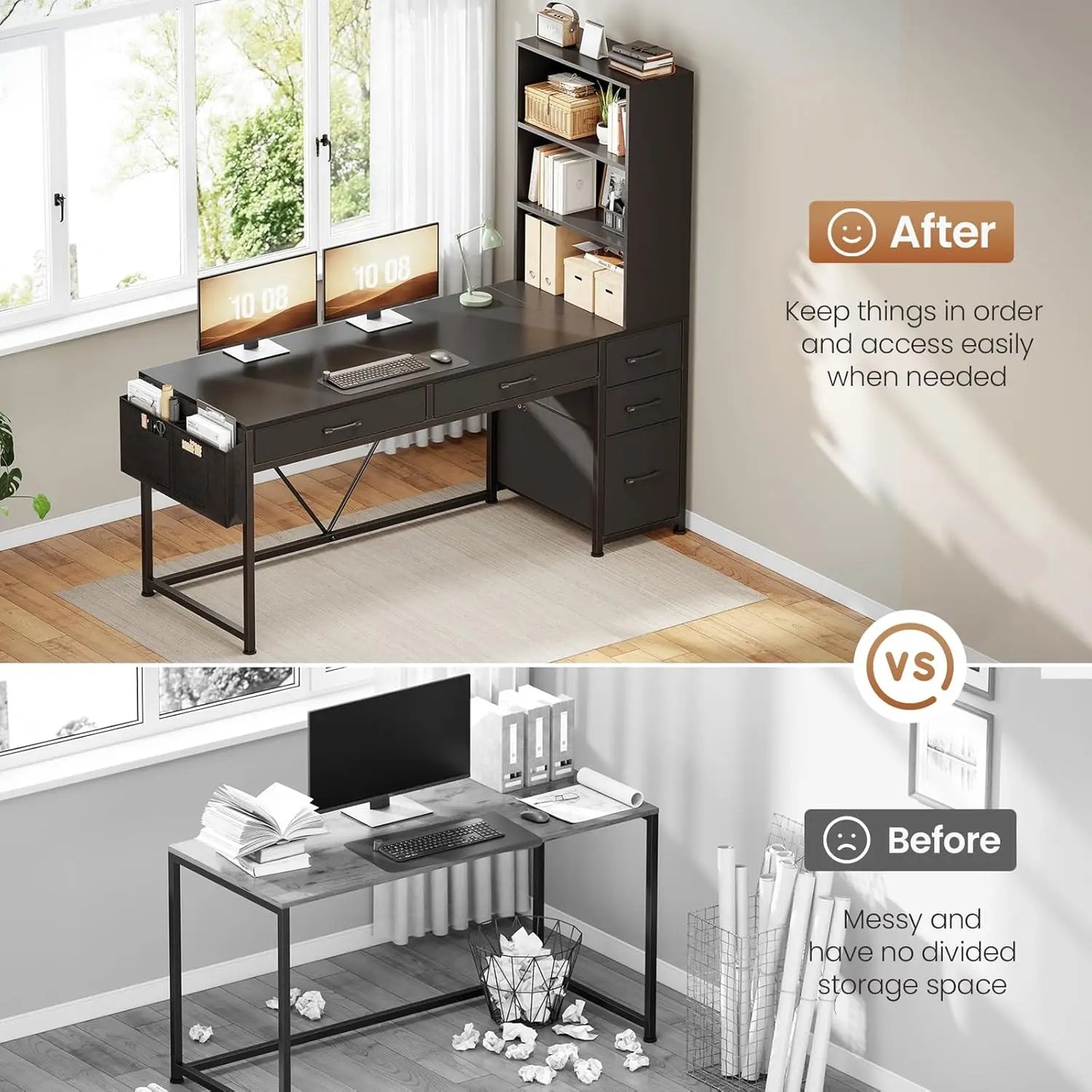 Computer Gaming Desk with 5 Drawers and Bookshelf, Reversible Home Office Desk with Storage Shelves and File, Customized