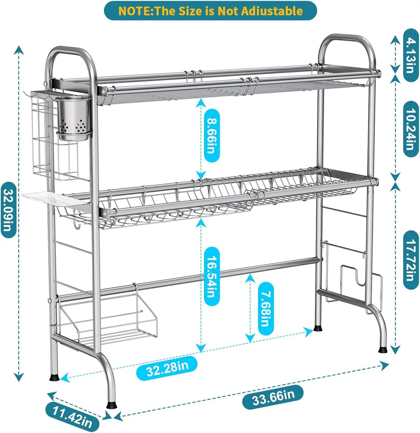 Stainless Steel 2-Tier Over Sink Dish Drying Rack with Utensil Holder, Large Kitchen Counter Space Saver
