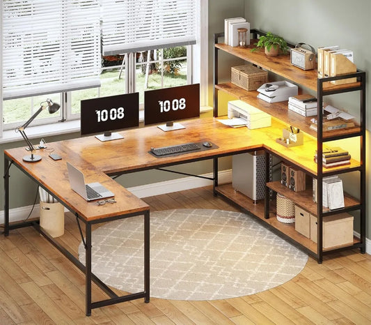 L Shaped Desk with Storage Shelves, 63” Reversible U Shaped Office Desk, Gaming Desk with Power Outlet and LED Lights for Home