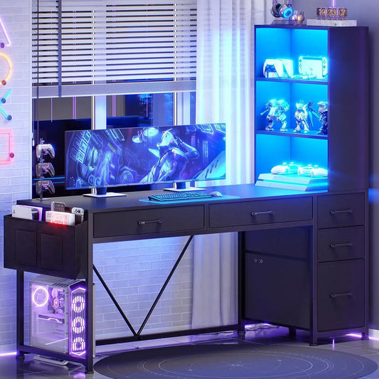 Computer Gaming Desk with 5 Drawers and Bookshelf, Reversible Home Office Desk with Storage Shelves and File, Customized