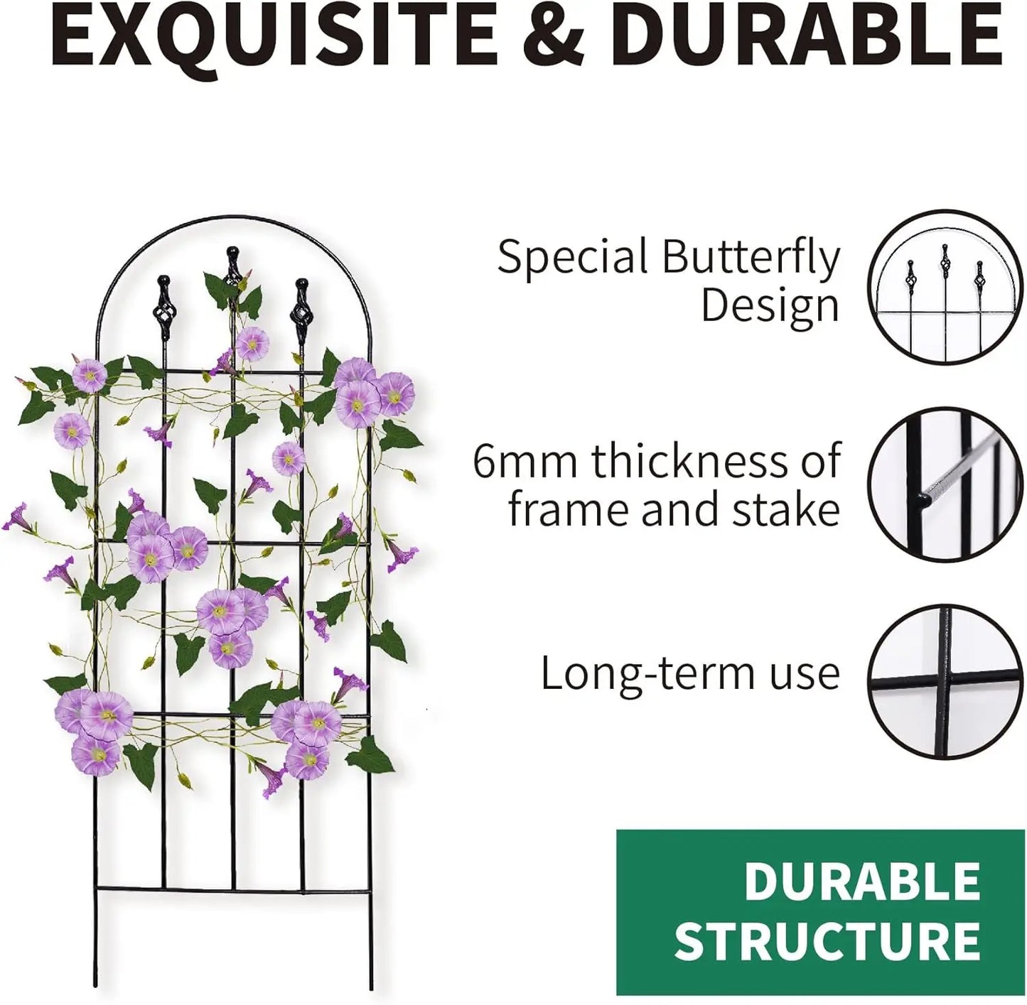 48" H x 16" W Black Metal Garden Trellis for Climbing Plants, Sturdy Outdoor Support Structure, 2-Pack