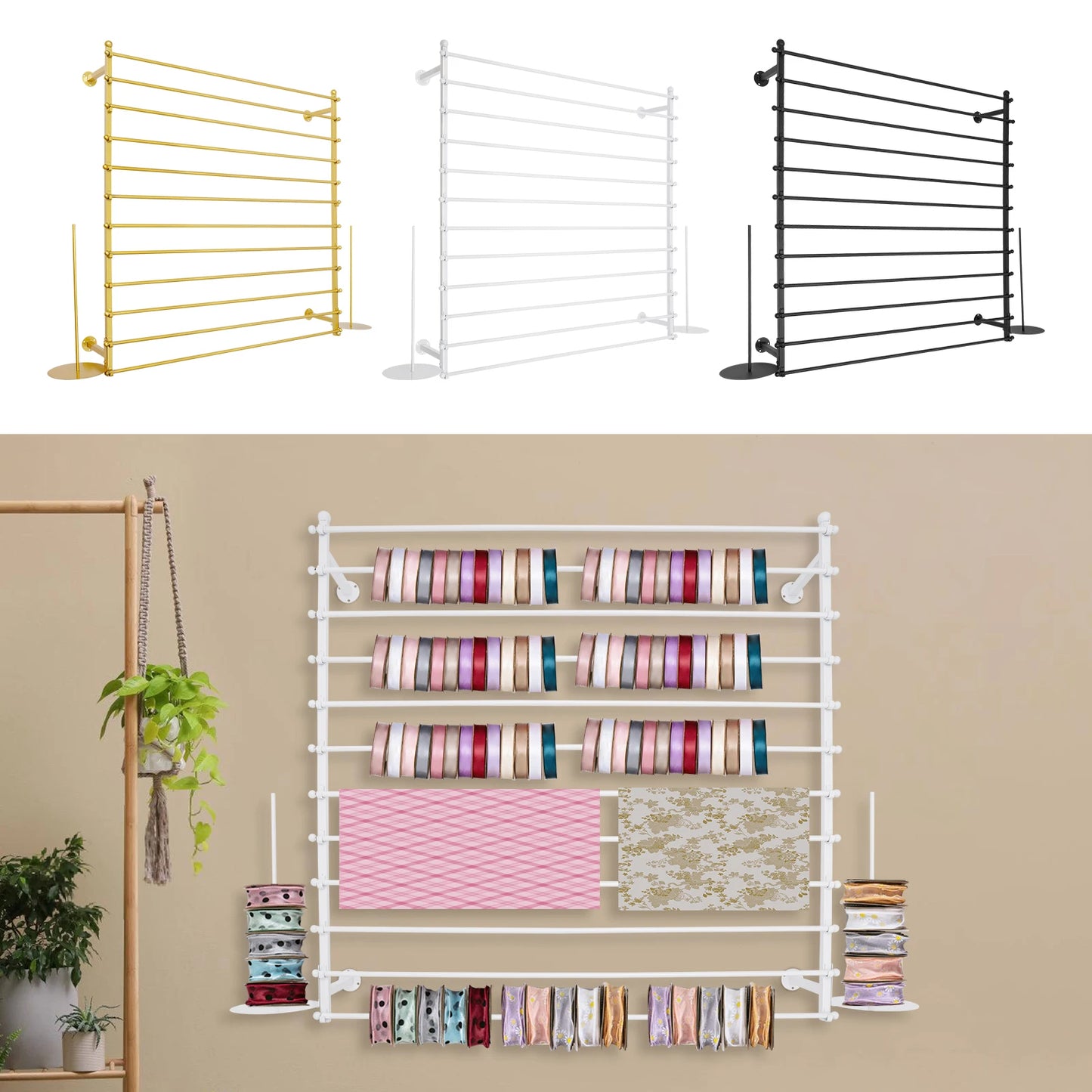 120cm Wrapping Paper Ribbon Iron Holder,Gold/Black/White Wall-Mounted Display Rack 12 Rods for Gift Shops,Florists