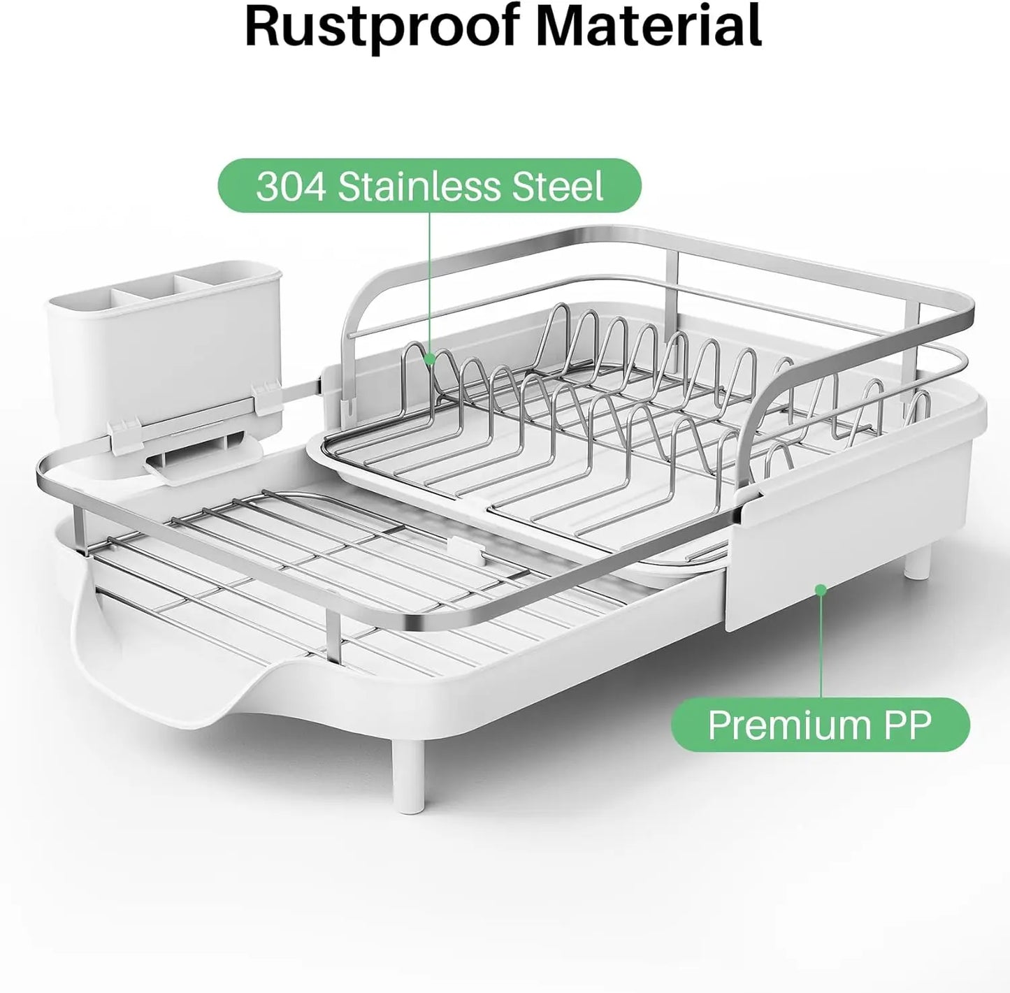 Expandable Stainless Steel Dish Drying Rack with Drainboard and Utensil Holder for Kitchen Counter, White