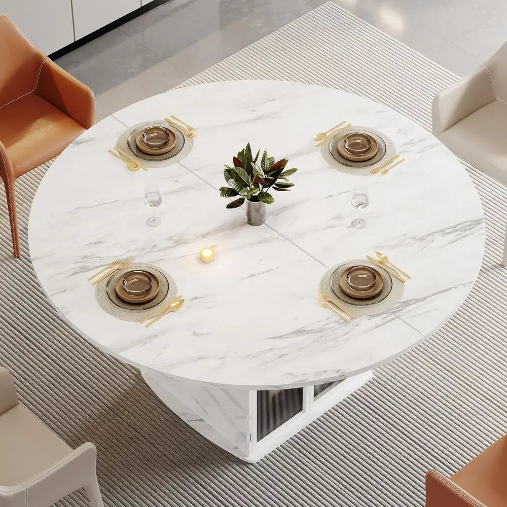 47 Round Dining Table with Storage, White Faux Marble Kitchen Tables for 46 People, Modern Dining Room Table with Fridge Space,
