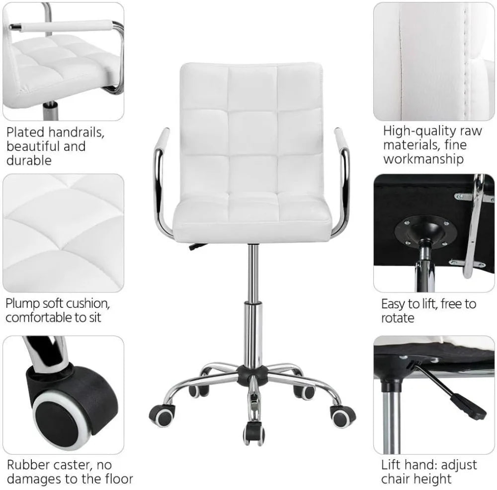 White Desk Chairs with Wheels/Armrests Modern PU Leather Office Chair Midback Adjustable Home Computer Executive Chair 360°