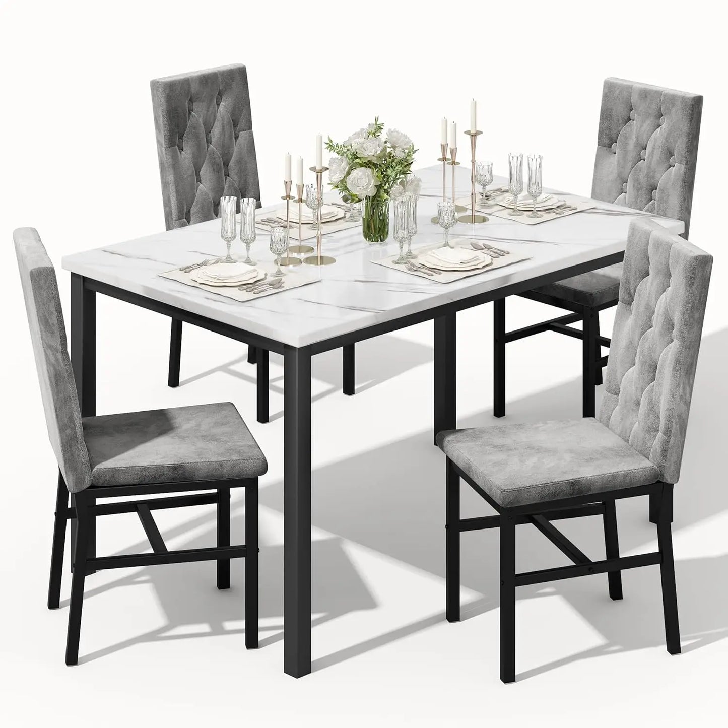 Dining Table Set for 4, Faux Marble Small Kitchen Table Chairs Set of 4 with Luxurious Button Tufted Dinner Chairs, Customized