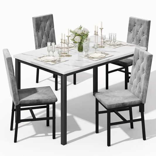 Dining Table Set for 4, Faux Marble Small Kitchen Table Chairs Set of 4 with Luxurious Button Tufted Dinner Chairs, Customized
