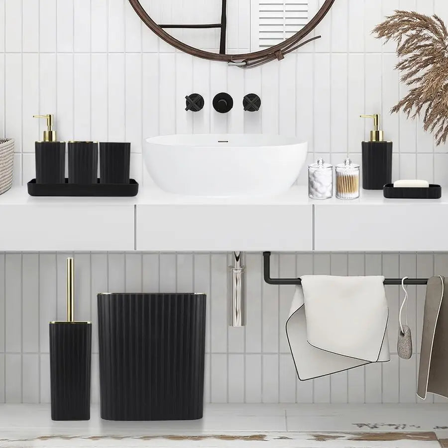 Accessories Set Gorgeous Black Bathroom Set, 10PC Bathroom Accessory Set, Toilet Brush, Trash Can, Qtip Holder amp Soap Dispense