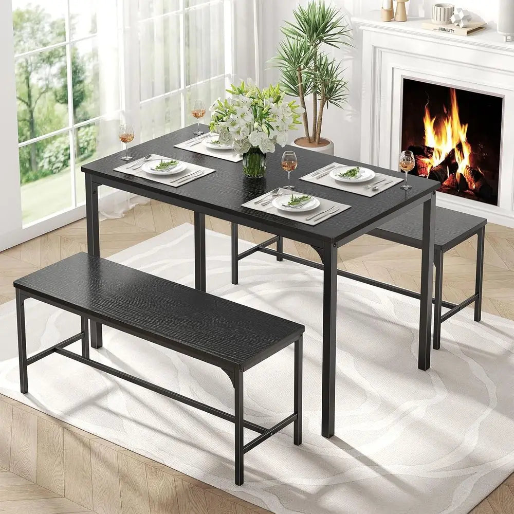 Dining Table Set, Dining Table or 4 with Bench, Kitchen Table, Space-Saving Ideal 4-Person Set or Dining Room Kitchen Aparent Bl