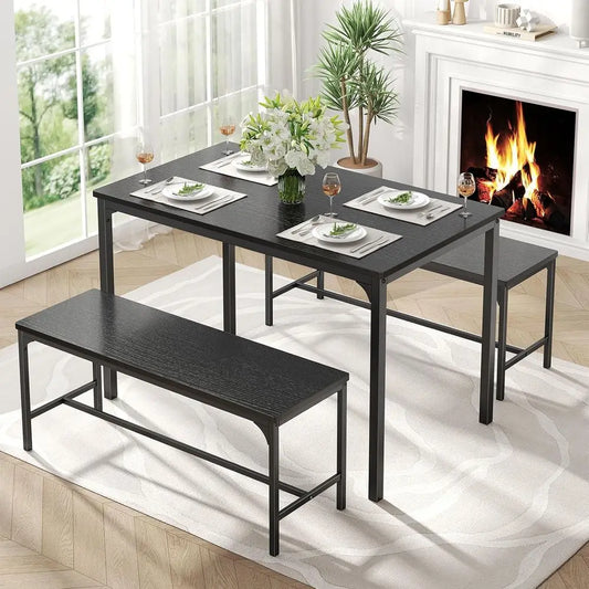 Dining Table Set, Dining Table or 4 with Bench, Kitchen Table, Space-Saving Ideal 4-Person Set or Dining Room Kitchen Aparent Bl