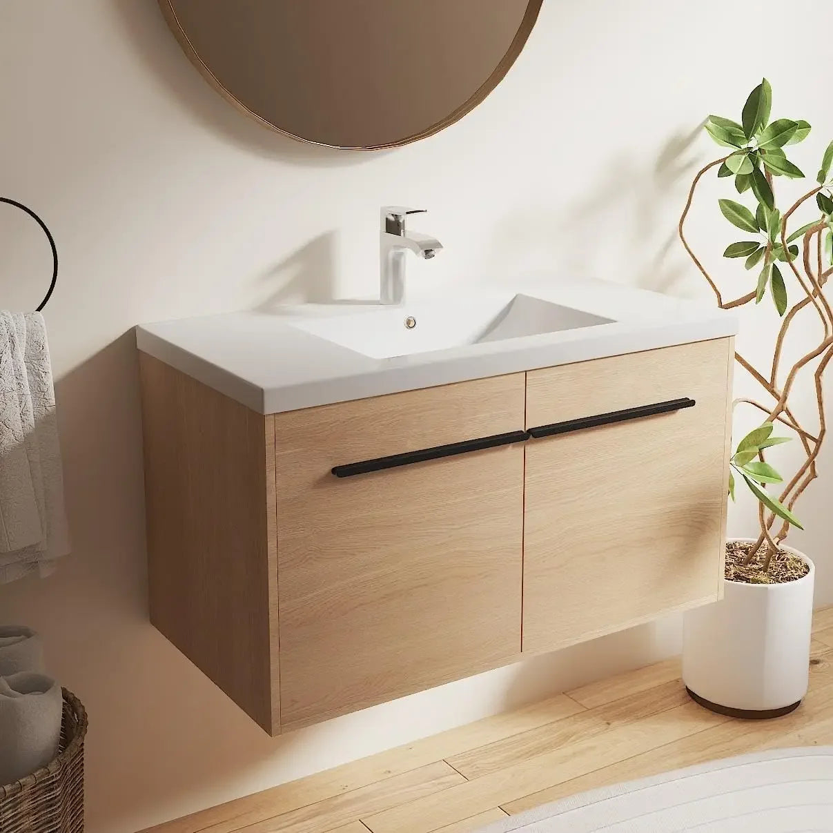 36" Floating Bathroom Vanity,36 Inch Bathroom Vanity with Sink,Single Sink Wall Mounted Vanity Combo,Brown Wall, Customized
