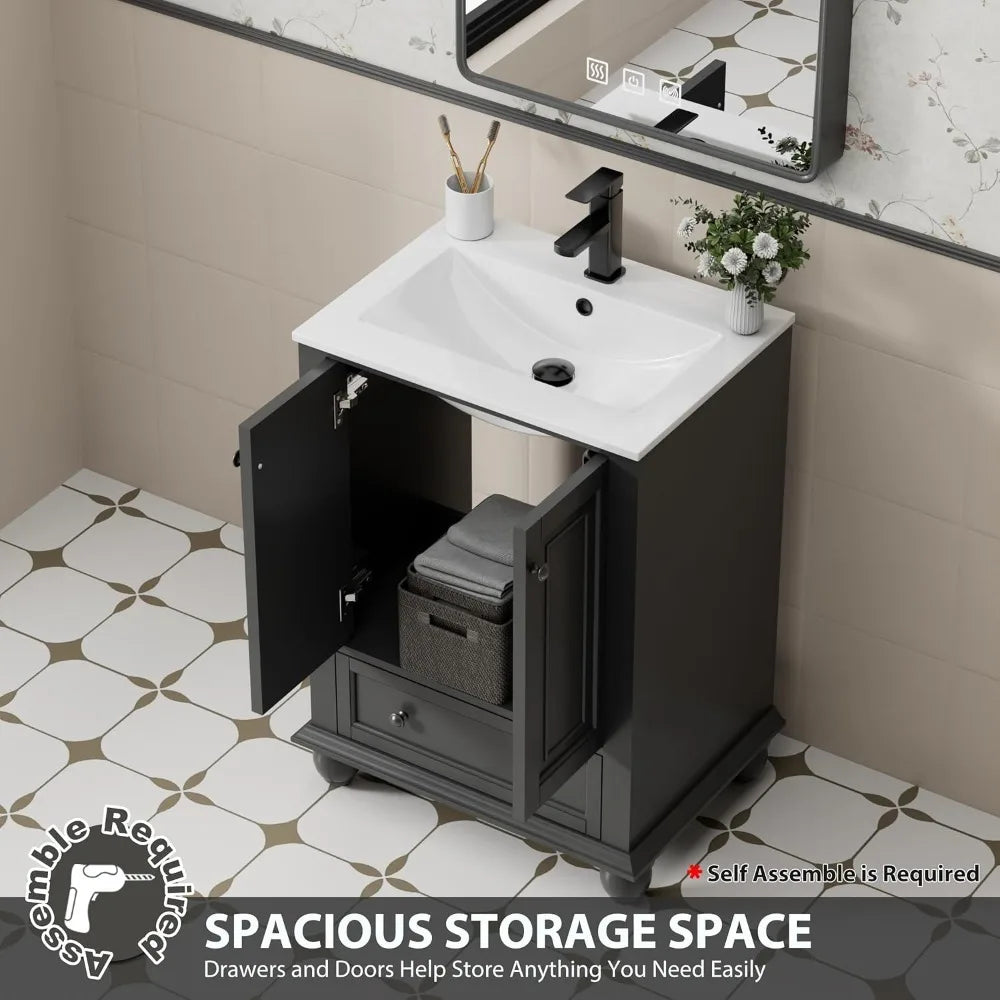 24" Bathroom Vanity Sink Combo Vintage Style with Painted Solid Wood Construction, Retro Vanities Storage Cabinet w/Gourd Leg