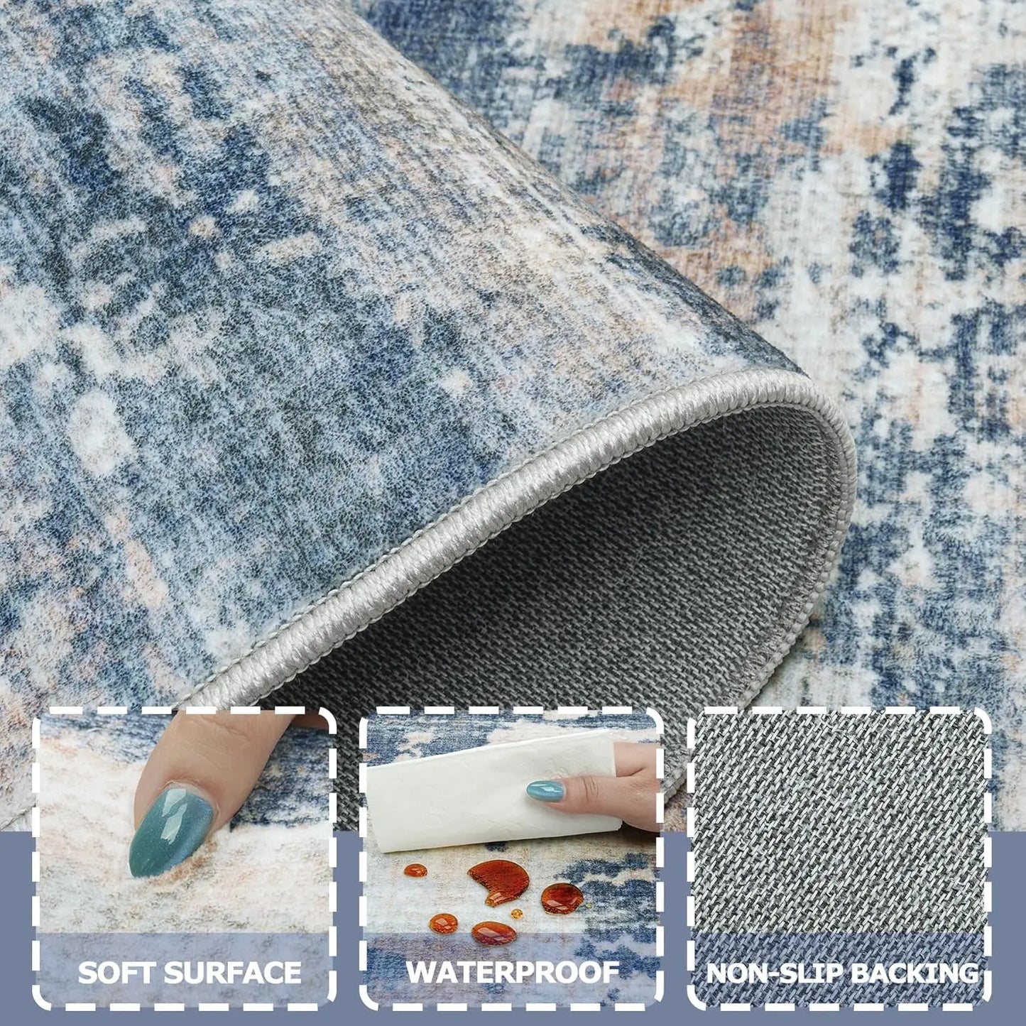 Large 9x12 Area Rug with Non-Slip Backing, Machine Washable, Stain Resistant for Living Room, Bedroom, Dining Room