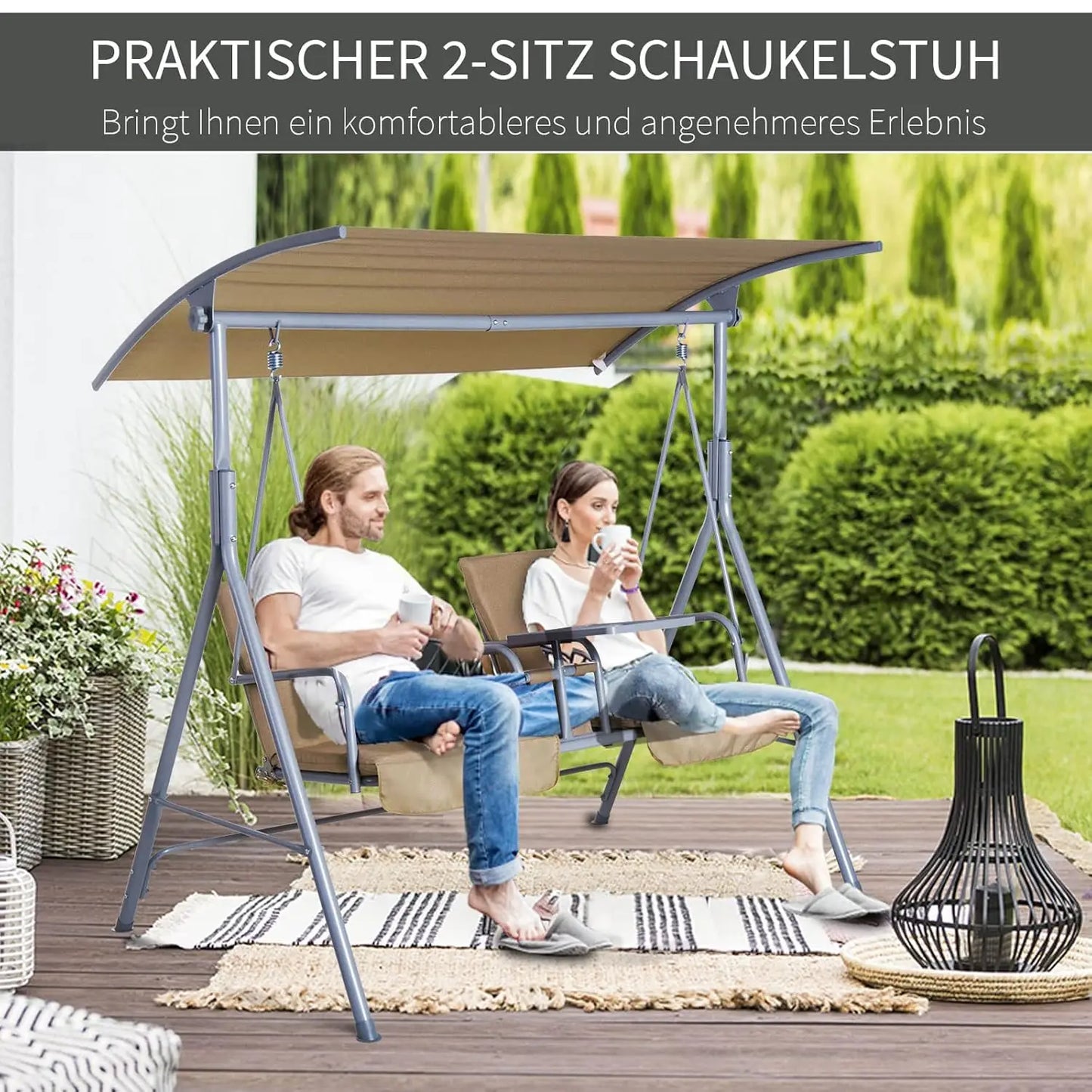 2 Person Outdoor Canopy Swing with Stand, Storage Tray & Cup Holders, Cushioned Seat for Patio Backyard, Beige, Customized