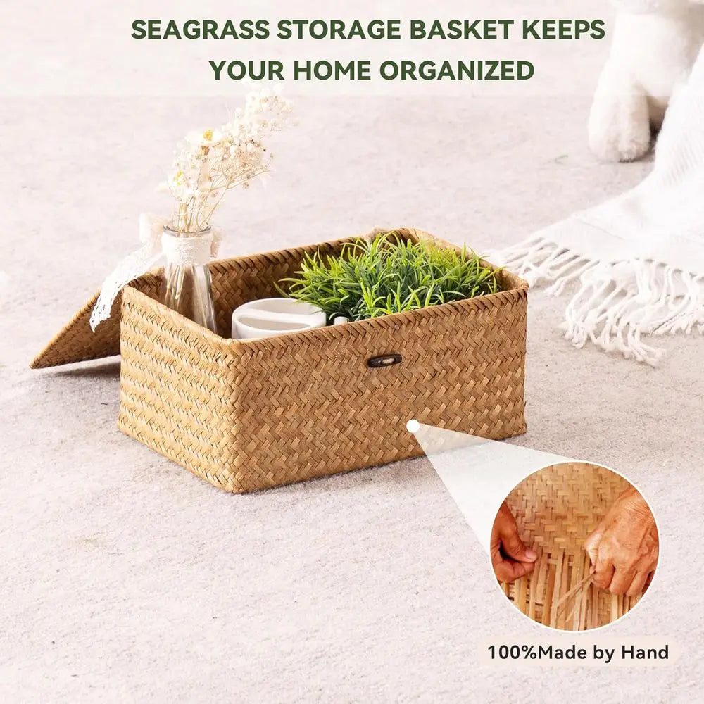 Storage Basket with Lid, Natural Seagrass Bin with Lid Set of 3, Shelf Baskets Multipurpose Container for Boho Decoration, Recta