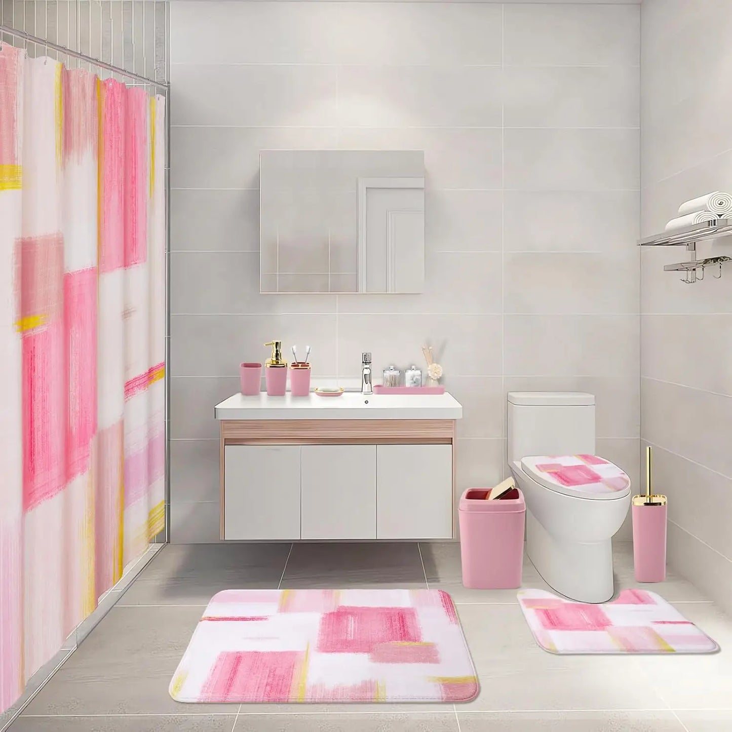 Pink and Gold Bathroom Accessories Set with Shower Curtain, Rugs, Trash Can, Soap Dispenser for Home Decor