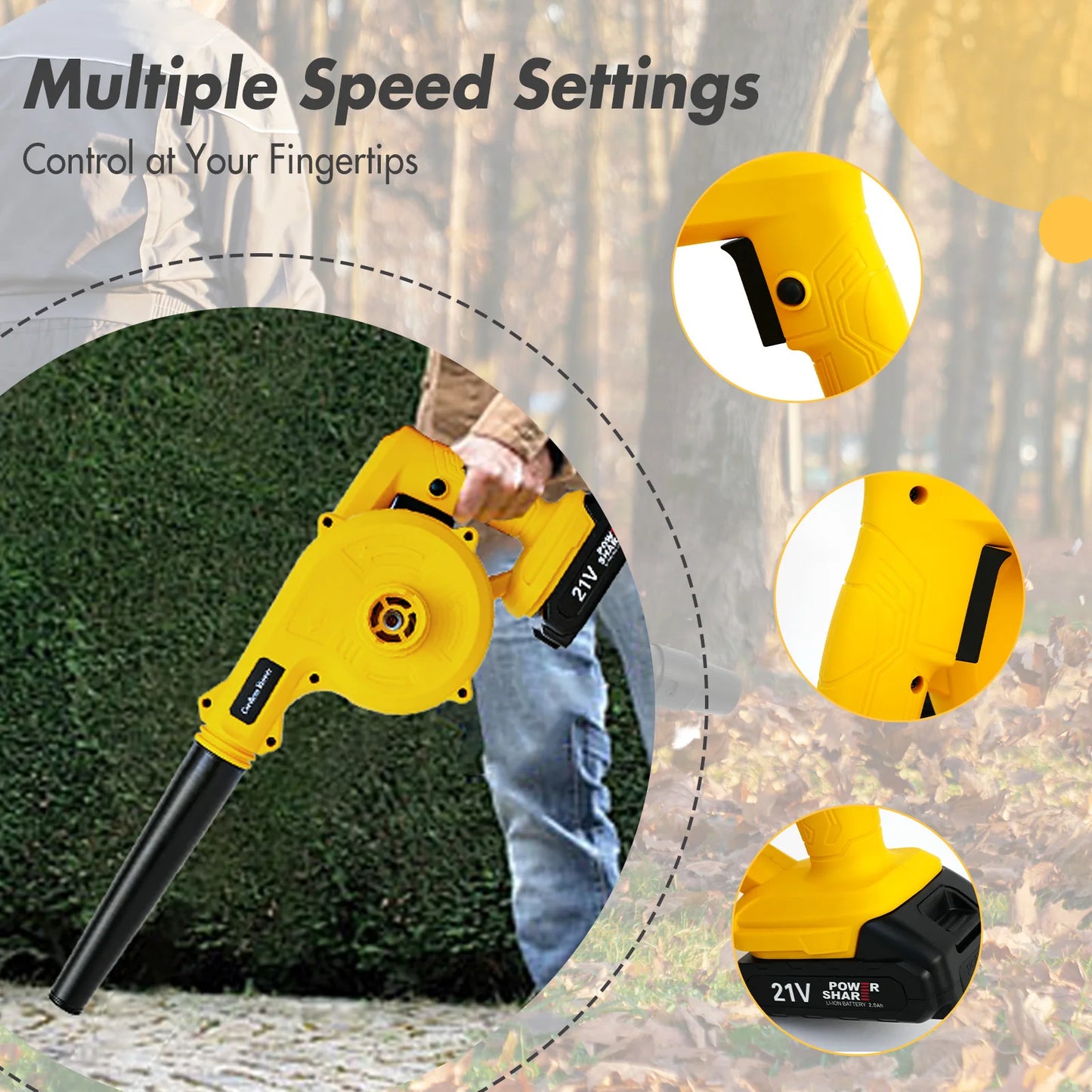 Blower 21V Portable Cordless Leaf Blower 2-in-1 with 2.0Ah Battery and Charger for Lawn Care Leaf Blowing Debris Cleaning Dust