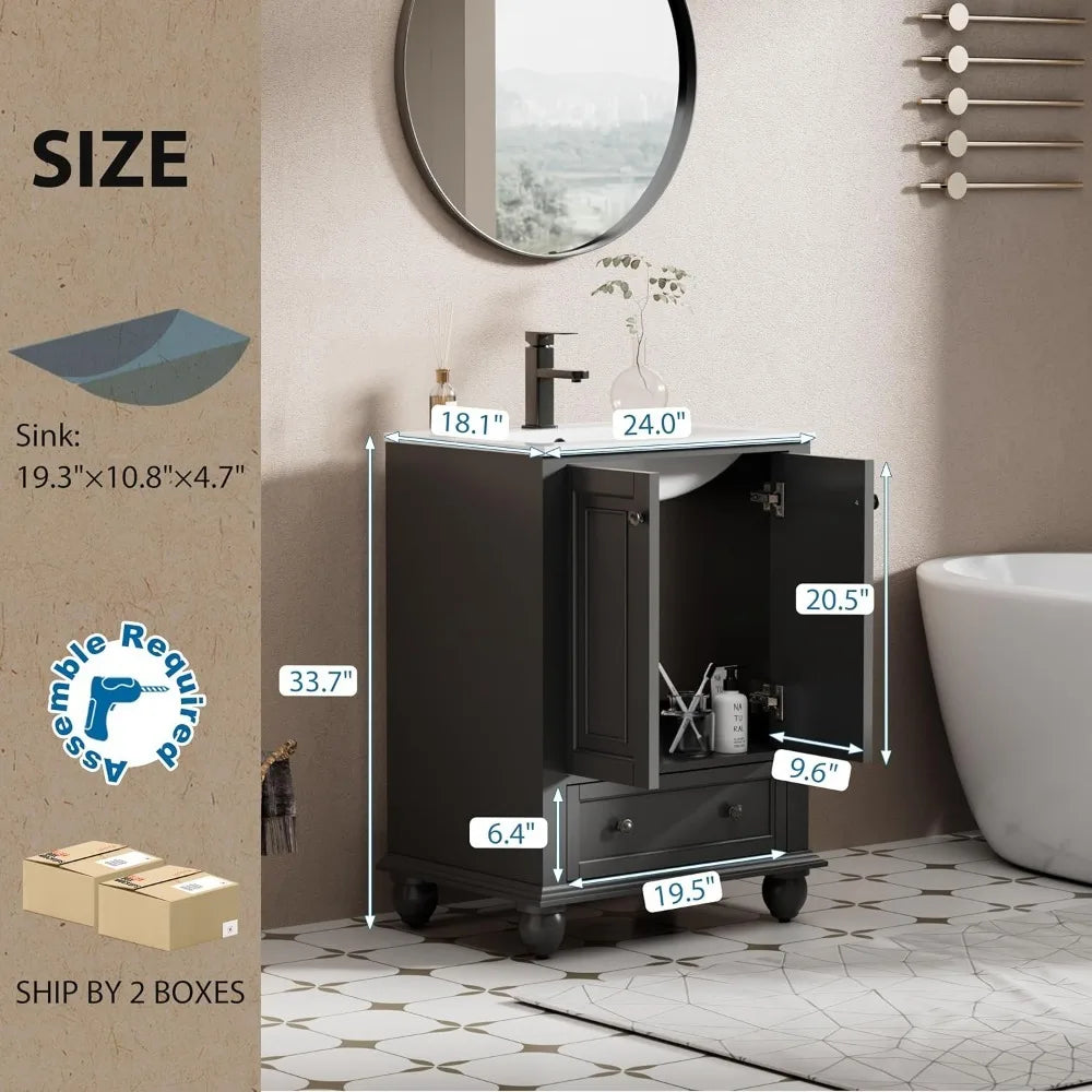 24" Bathroom Vanity Sink Combo Vintage Style with Painted Solid Wood Construction, Retro Vanities Storage Cabinet w/Gourd Leg
