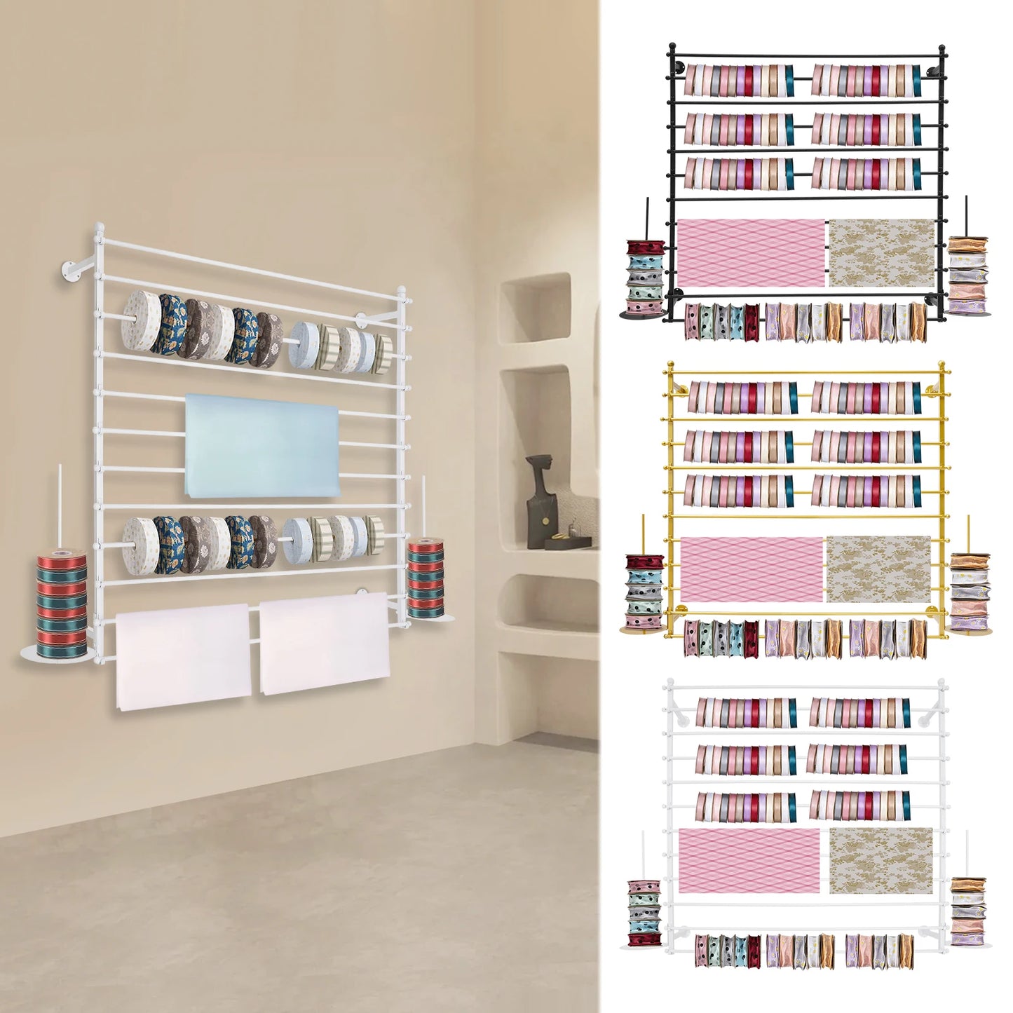120cm Wrapping Paper Ribbon Iron Holder,Gold/Black/White Wall-Mounted Display Rack 12 Rods for Gift Shops,Florists