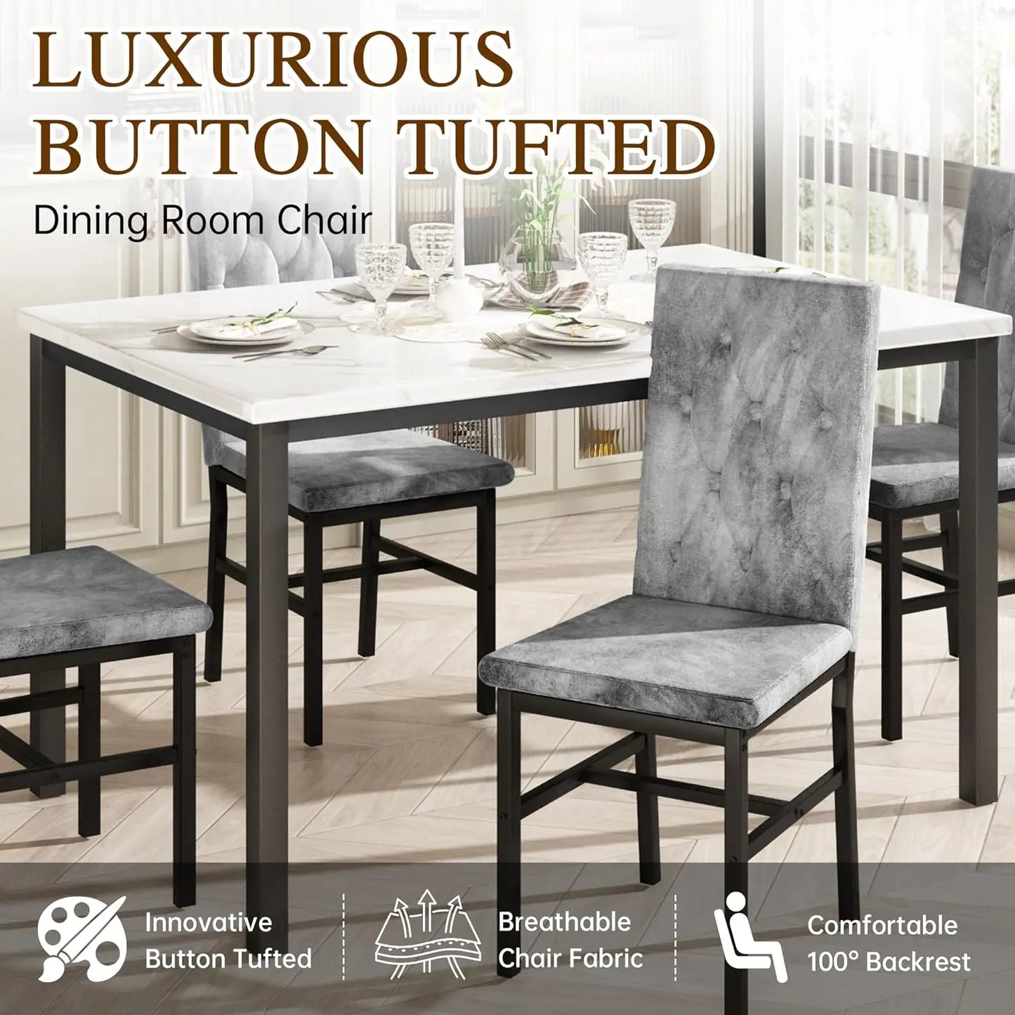 Dining Table Set for 4, Faux Marble Small Kitchen Table Chairs Set of 4 with Luxurious Button Tufted Dinner Chairs, Customized