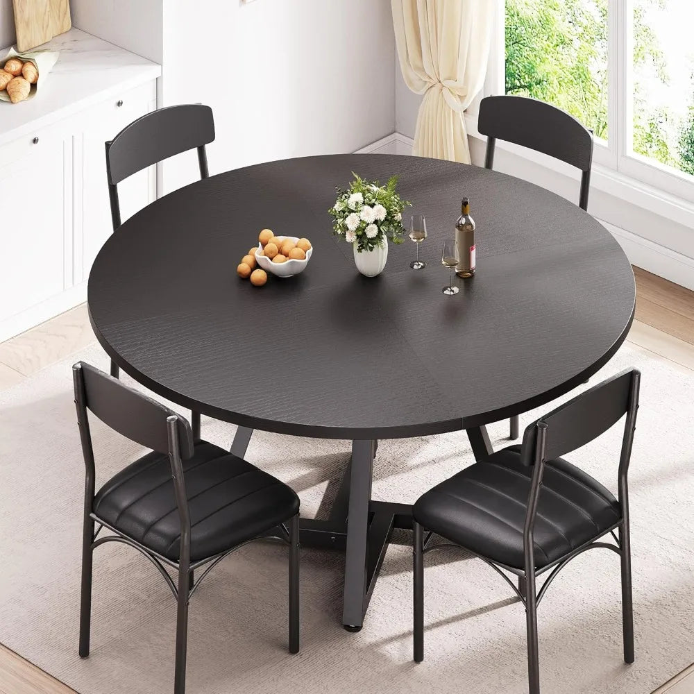 Round Kitchen Dining Room Table Circle Dining Dinner Table with Pedestal Metal Frame, Space Saving Wood Industrial Furniture