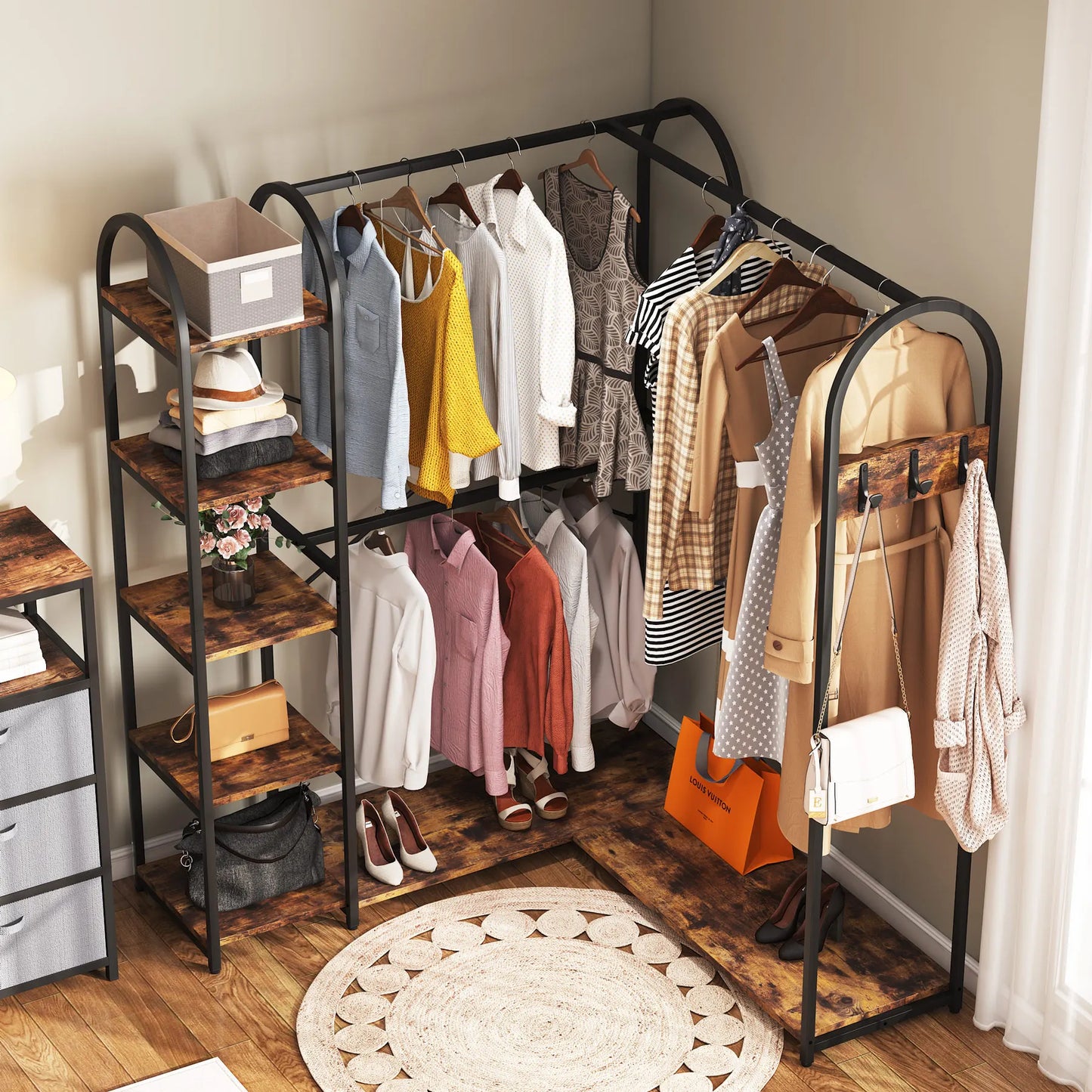 Tribesigns L Shape Clothes Rack, Corner Garment Rack with Storage Shelves and Hanging Rods, Space-Saving Open Wardrobe Closet