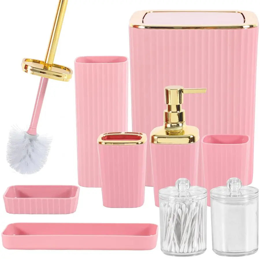 Bathroom Accessories Kit 9 Pieces Pink Bathroom Set with Trash Can Toothbrush Holder Soap Dispenser Toothbrush Cup