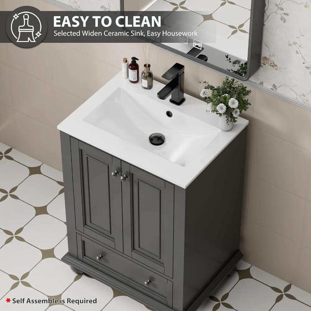 24" Bathroom Vanity Sink Combo Vintage Style with Painted Solid Wood Construction, Retro Vanities Storage Cabinet w/Gourd Leg