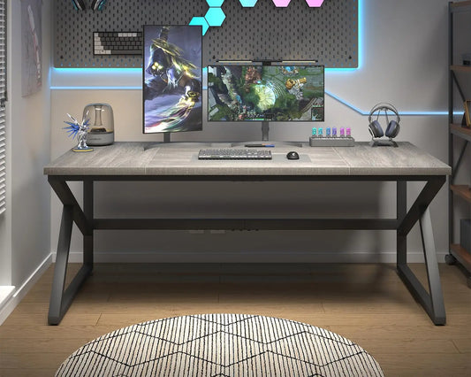 70 Inch Long Grey Desk, Large Home Office Computer Desk for 2 People, Industrial Wood and Metal Executive Work, Customized