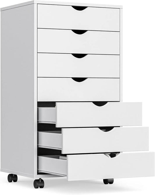 7-Drawer Rolling File Cabinet with Wheels, Under Desk Storage Organizer for Home Office, White