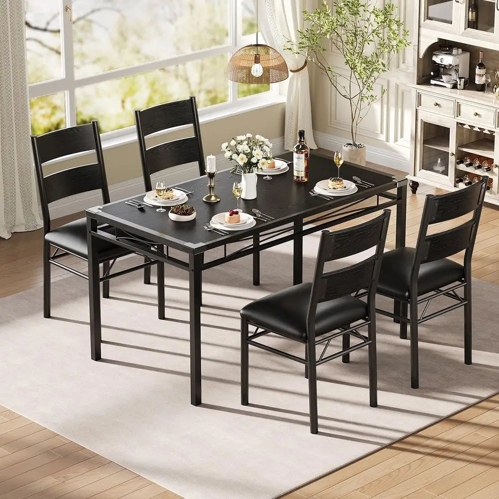 Wood Dining Table Set or 4 with Upholstered Chairs, Kitchen Table Chairs Set o 4 with Protector, Dining Room Table Set or 4, or