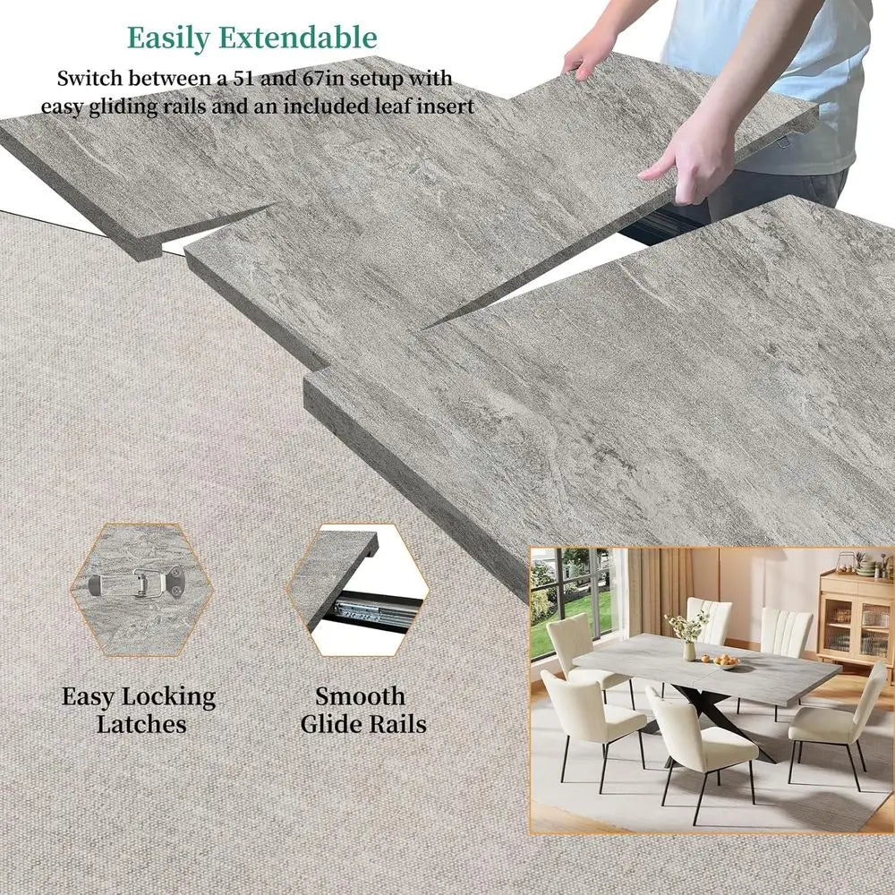 Exble Dining Table Set or 6-8 People, 51"-67" ern Recular Dining Table with 6 Chairs, Grey Tabletop with Sturdy Metal e, Space-S