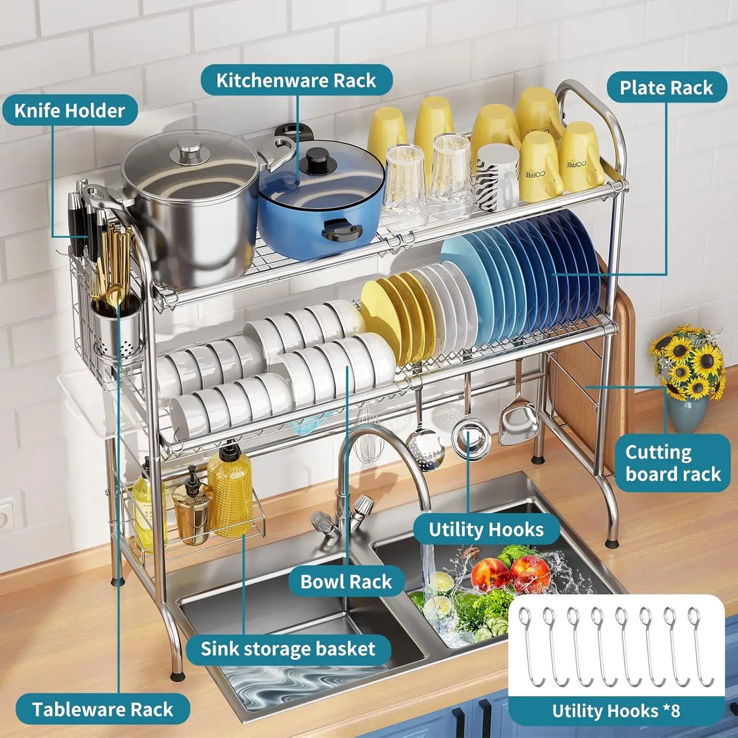 Stainless Steel 2-Tier Over Sink Dish Drying Rack with Utensil Holder, Large Kitchen Counter Space Saver
