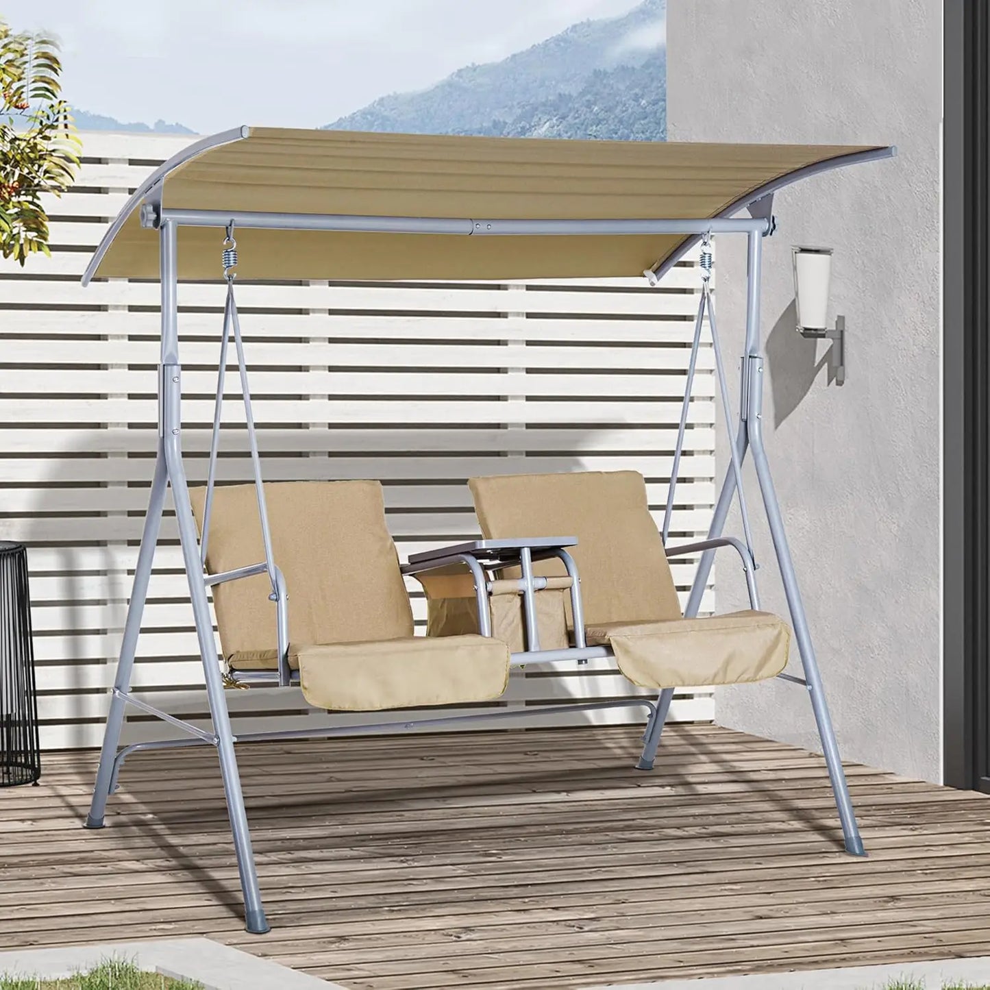 2 Person Outdoor Canopy Swing with Stand, Storage Tray & Cup Holders, Cushioned Seat for Patio Backyard, Beige, Customized