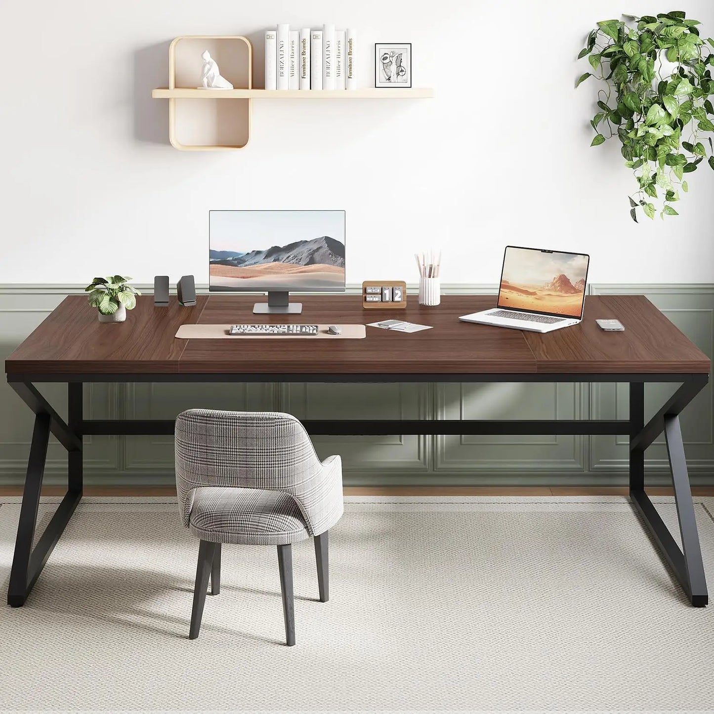 70 Inch Long Grey Desk, Large Home Office Computer Desk for 2 People, Industrial Wood and Metal Executive Work, Customized